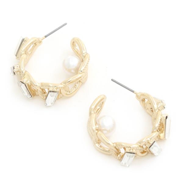 Rhinestone Pearl Oval Link Open Hoop Earring