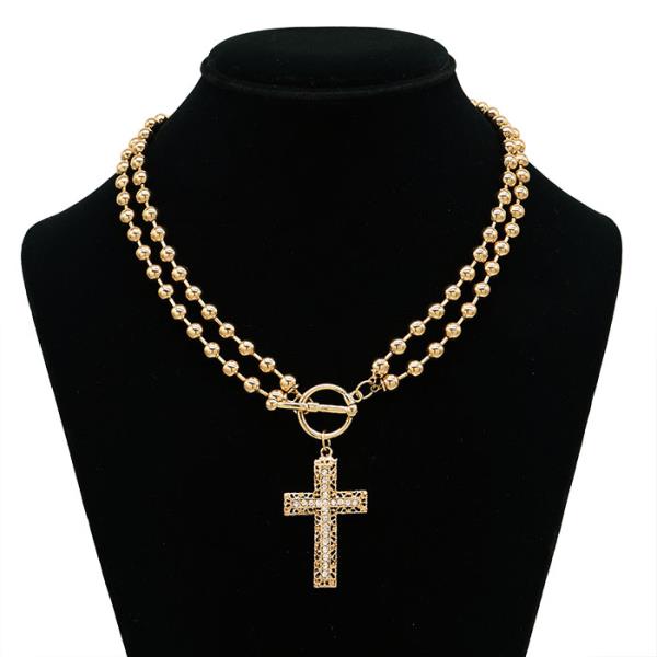 Cross Beaded Link Layered Toggle Clasp Necklace