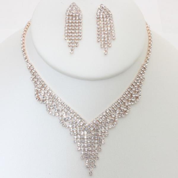 Crystal Rhinestone Fringe V Necklace Earring Set