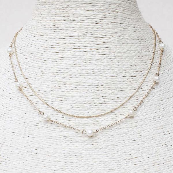 2 Layered Metal Chain Pearl Station Necklace