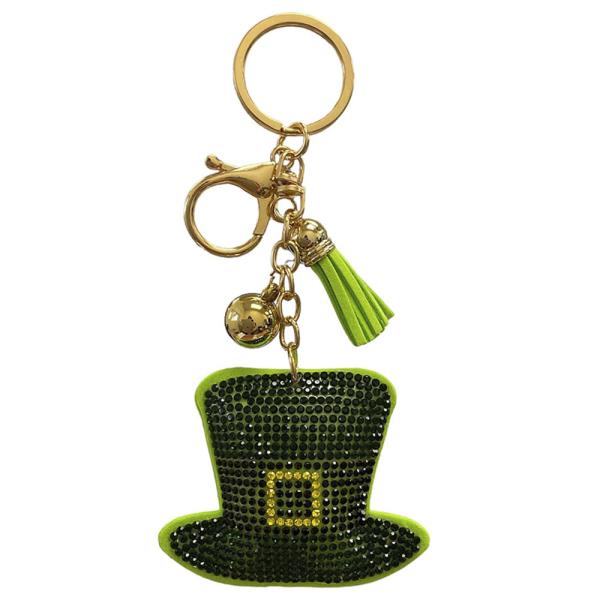 RHINESTONE GREEN HAT KEYCHAIN WITH TASSEL