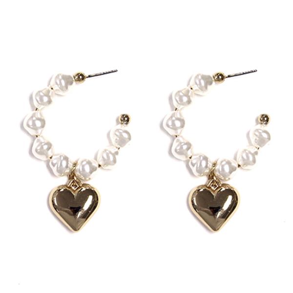 Puffy Heart Pearl Bead Open Hoop Earring