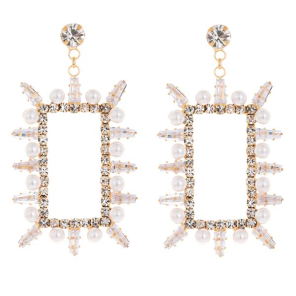 Pearl CZ Rhinestone Rectangle Earring