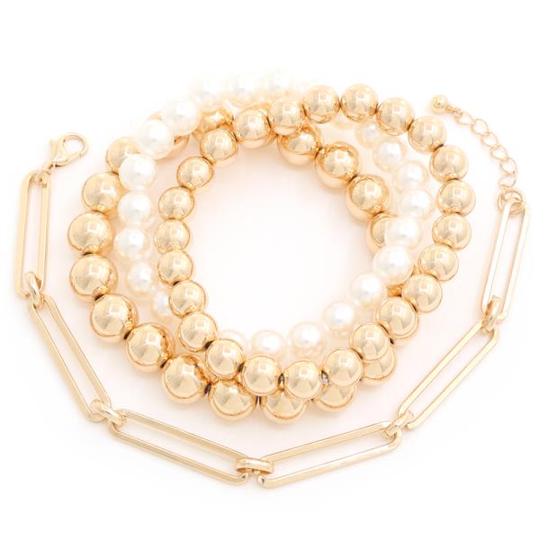 Pearl Bead Metal Link Bracelet Set