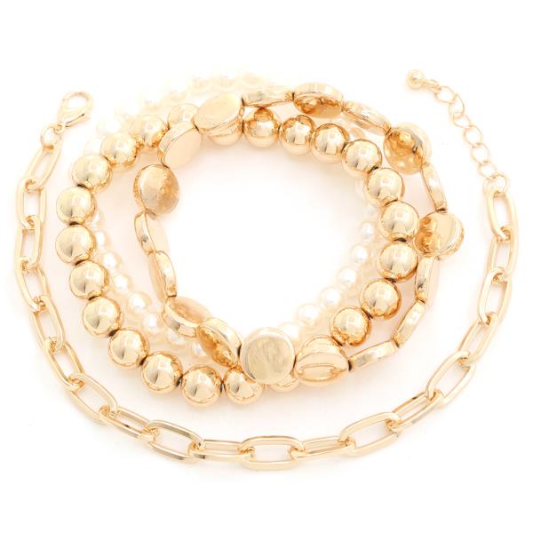Pearl Metal Bead Link Bracelet Set