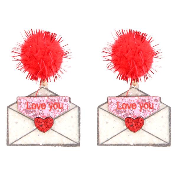 Love You Envelope Message Dangle Pom Pom Earring