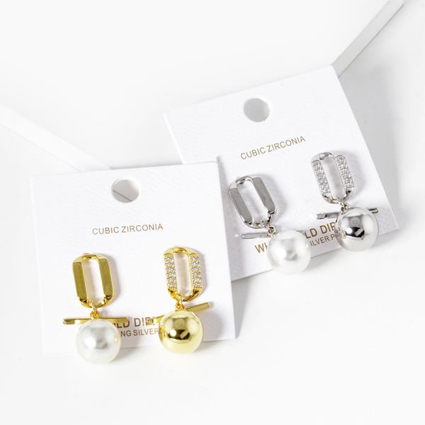Pearl Bead Oval CZ Gold Dipped Earring