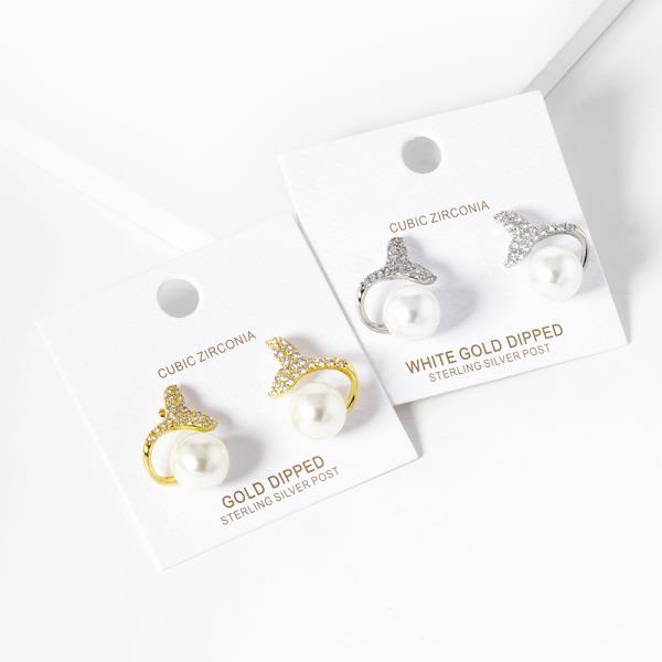 Pearl Bead Mermaid Tail CZ Gold Dipped Earring
