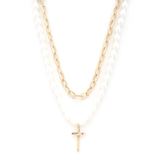 SODAJO CROSS PEARL BEAD LAYERED NECKLACE