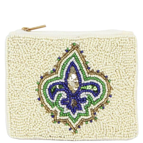 Mardigras White Fleur De Lis Seed Bead Zipper Bag
