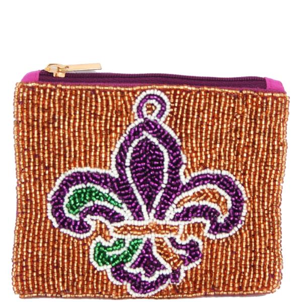 Mardi Gras Fleur Di Lis Full Seed Bead Zipper Bag