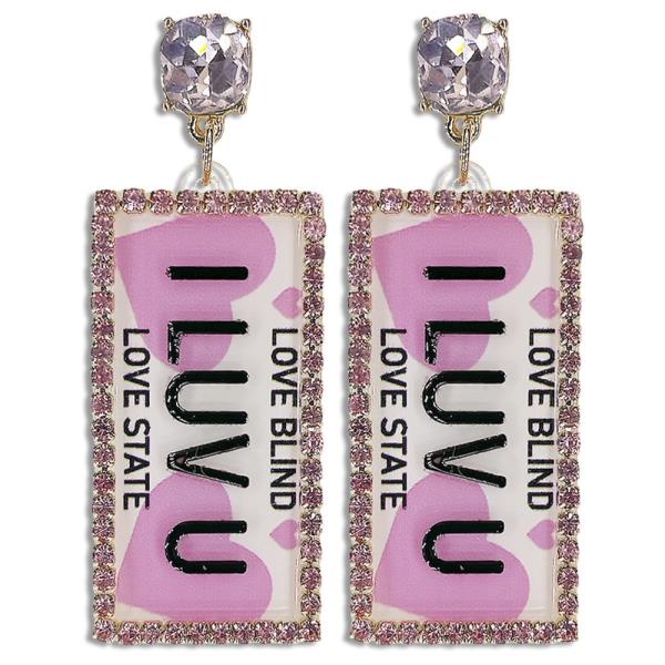 Rhinestone Crystal I Luv U Rectangle Post Earring