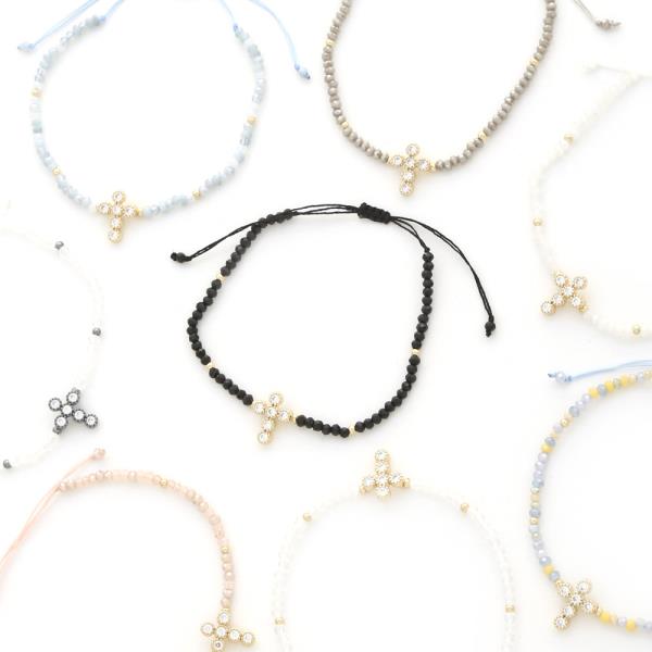 Cross CZ Brass Beaded Slide Bracelet
