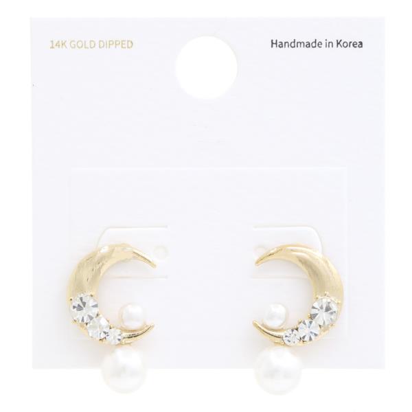 Moon Pearl Bead Rhinestone 14K Gold Dipped Earring