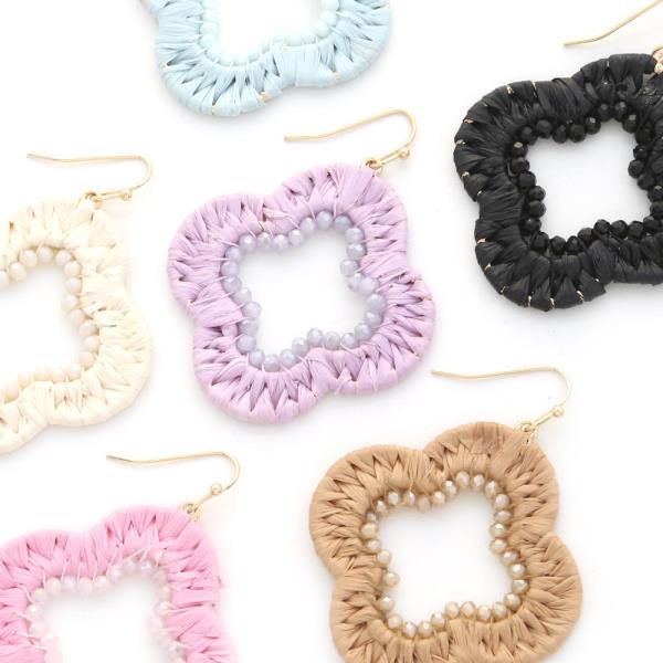 Clover Shape Raffia Wrapped Beaded Dangle Earring