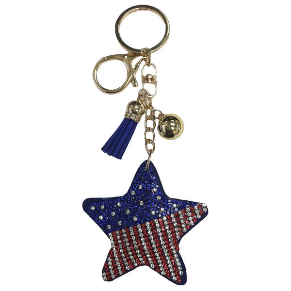 RHINESTONE AMERICAN US FLAG STAR KEYCHAIN WITH TASSEL