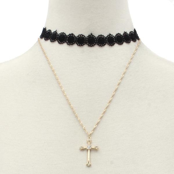 Cross Charm Rope Link Choker Necklace
