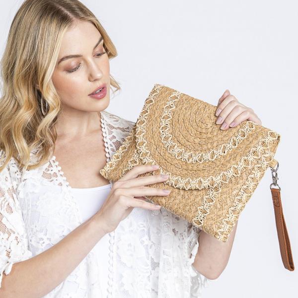 STITCH DETAIL STRAW CLUTCH & CROSSBODY BAG