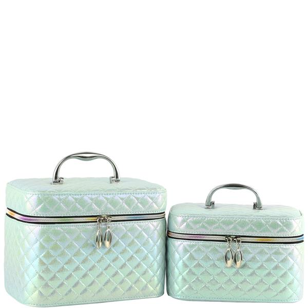 2IN1 QUILTED HOLOGRAM ZIPPER COSMETIC BAG WITH MIRROR
