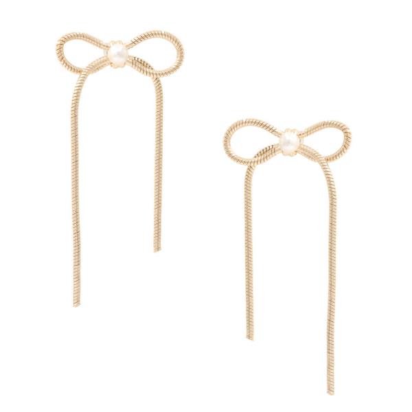 Pearl Accent Tied Ribbon Bow Metal Earring
