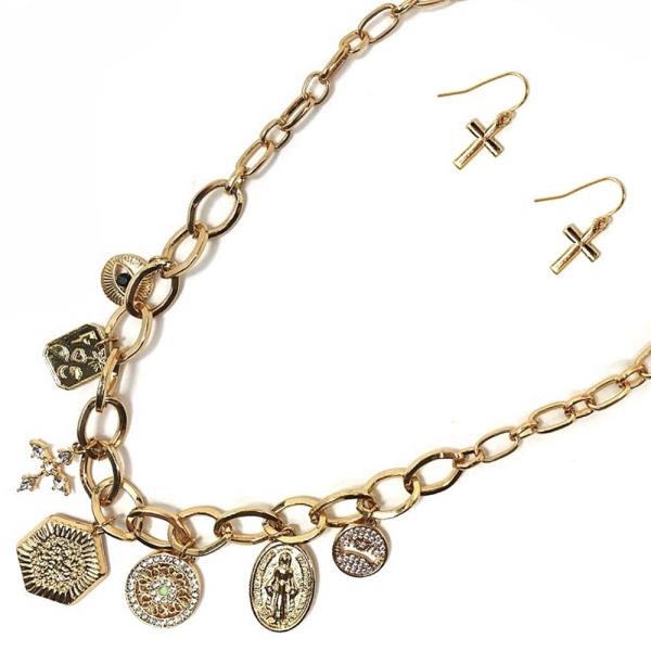 Metal Chain W Mixed Charm Necklace Earring Set