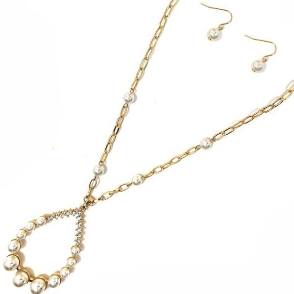 METAL CHAIN PEARL W STONE PENDANT NECKLACE EARRING SET