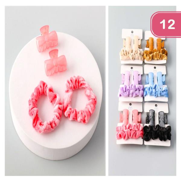 Velvet Scrunchie Bow Clips Set (12 Units)