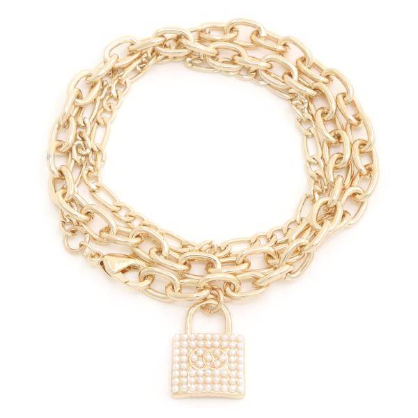 Lock Pearl Bead Wrapped Chain Link Bracelet