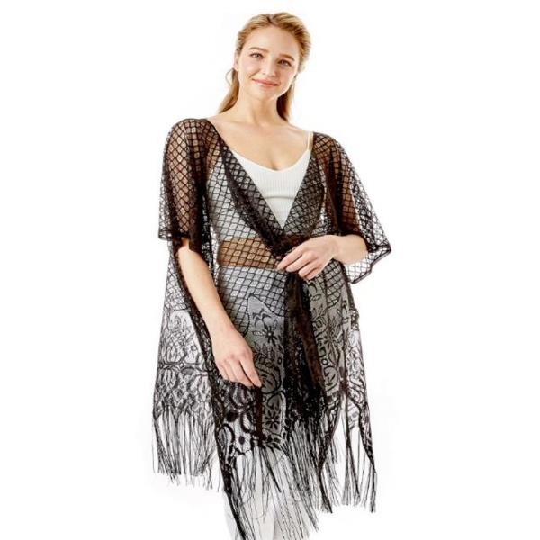 Tiles Pattern Crochet Lace Cover Up With Fringes