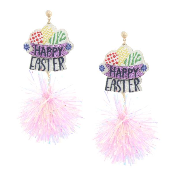 Happy Easter Tinsel Pom Pom Earring