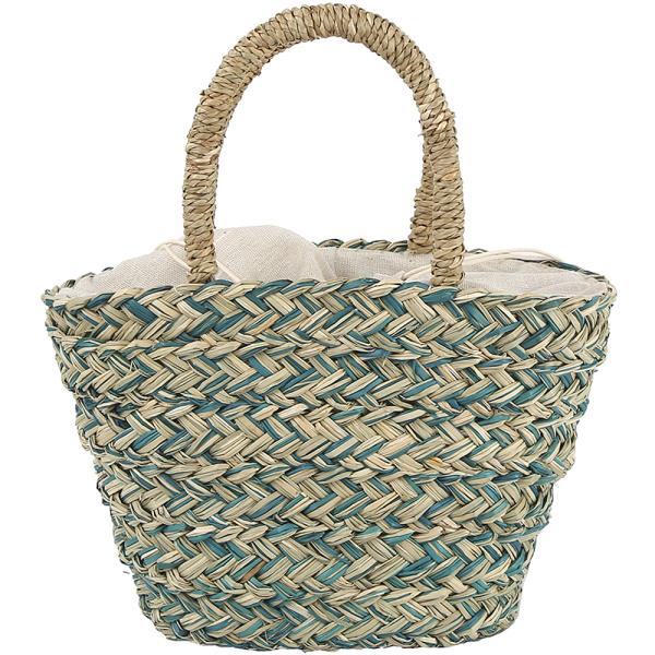 STRAW WOVEN COLORED HANDLE TOTE DRAWSTRING BAG