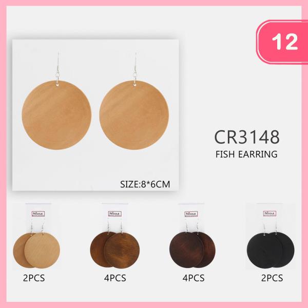Wood Round Disc Dangle Earring (12 Units)