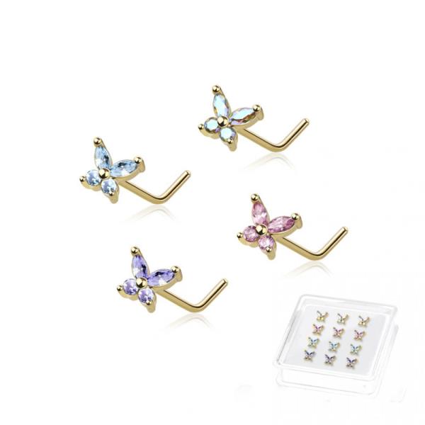 12PCS OF CZ PRONG BUTTERFLY 316L SURGICAL STEEL L SHAPE NOSE BOX