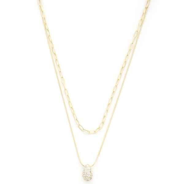 Teardrop Dome Rhinestone Charm Oval Link Necklace