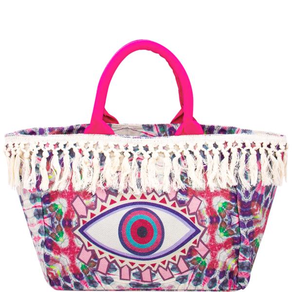 Fringe Multi Color Pattern Evil Eye Tote Bag