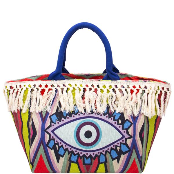 Fringe Multi Color Pattern Evil Eye Tote Bag