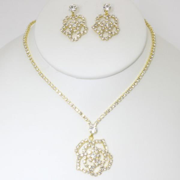 Rose Rhinestone Necklace Earring Set