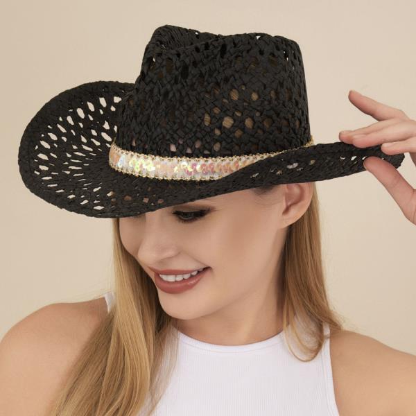 STRAW SEQUIN BAND COWBOY SUN HAT