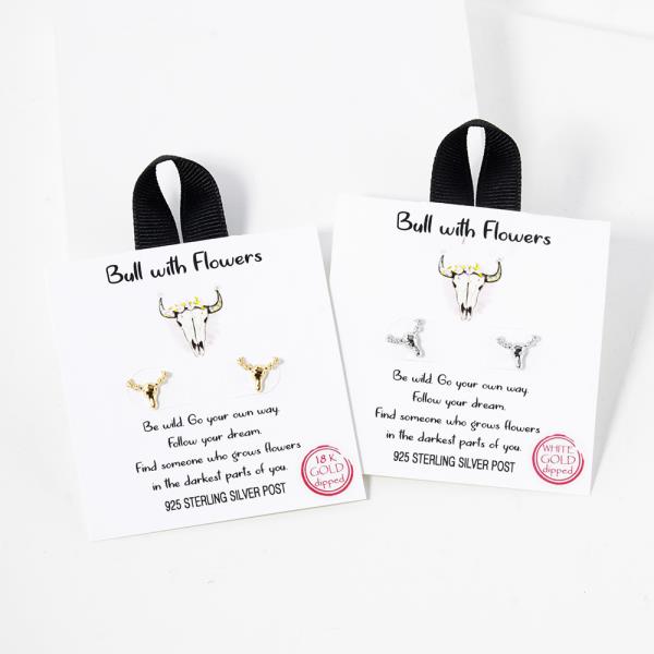18K Gold Rhodium Dipped Bull with Flowers Earring