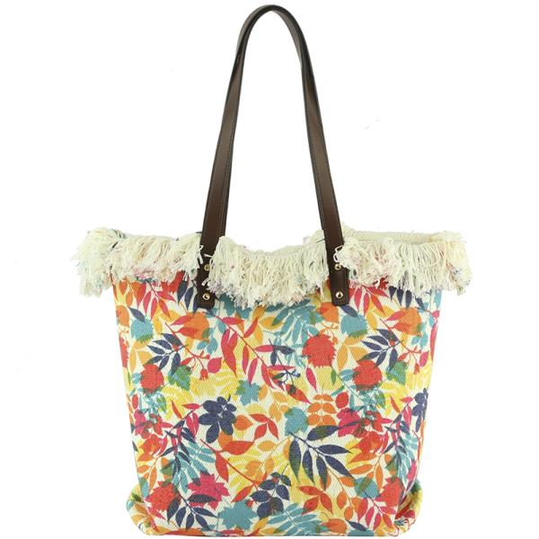 Tropical Print Fringe Tote Bag