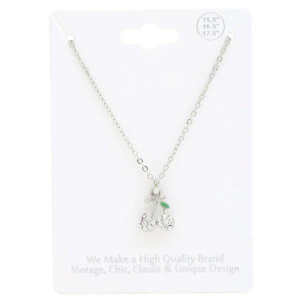 Cherry Charm Rhinestone Metal Necklace