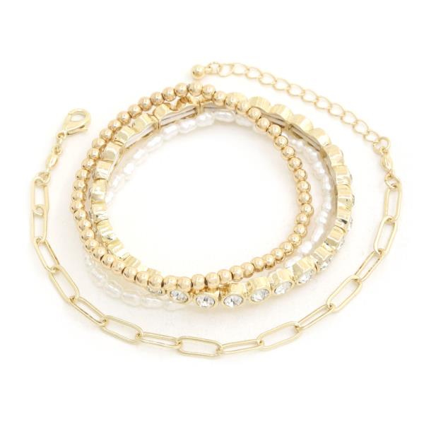 Rhinestone Pearl Bead Oval Link Bracelet Set