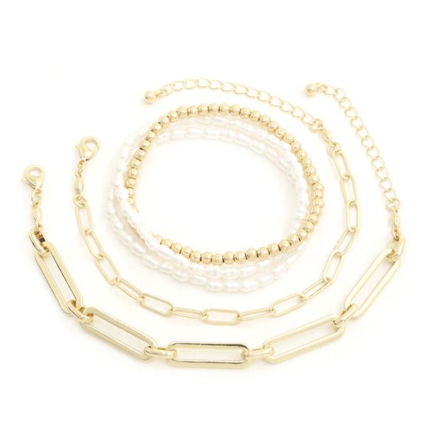 Ball Pearl Bead Long Oval Link Bracelet Set