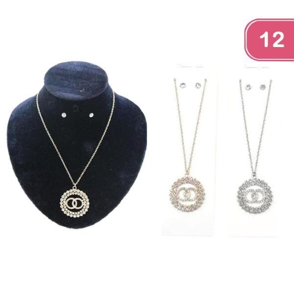 Rhinestone Pendant Necklace Earring Set (12 Units)