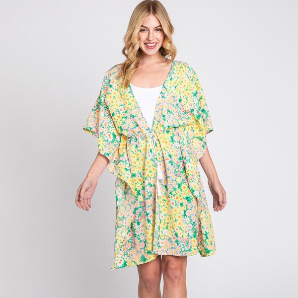 Front Rope Flower Print Kimono