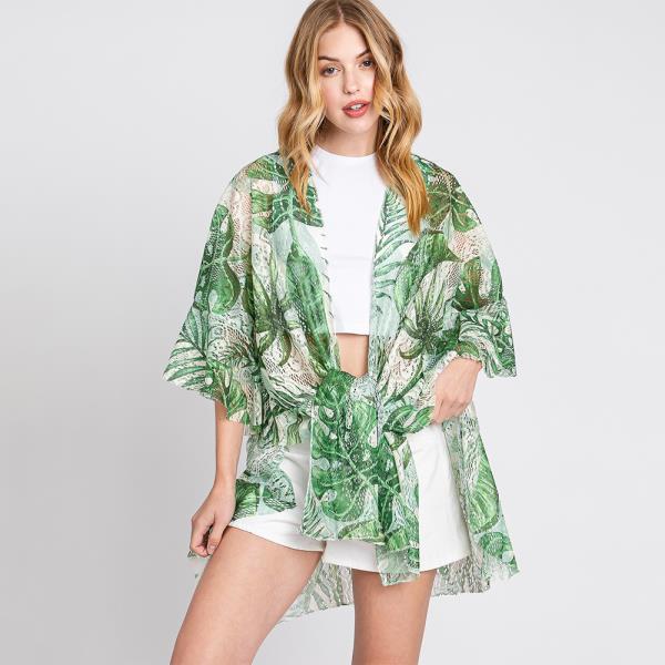 Tropical Mesh Front Knot Kimono Cover Up
