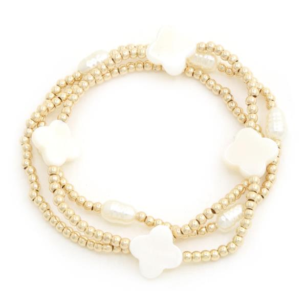 Metal Ball Bead Clover Stretch Bracelet
