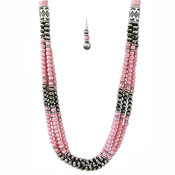 Marbling Stone Bead Long Necklace Earring Set