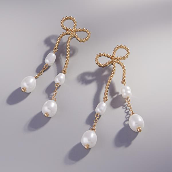 Bow Metal Ball Chain Mix With Pearl Bead Earring