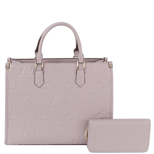 2IN1 MONOGRAM DESIGN TEXTURE HANDLE SATCHEL W WALLET SET